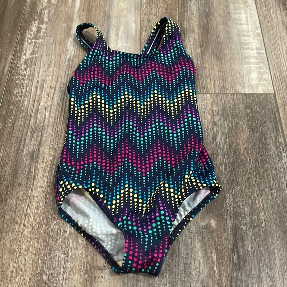 Lands’ End Chevron Rainbow Polka Dot Swimsuit